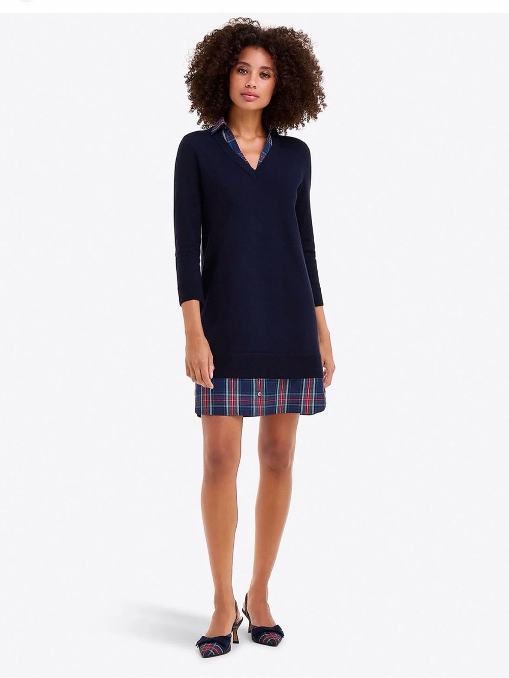 Draper James Navy Sweater Tunic with Red & Teal Plaid Trim